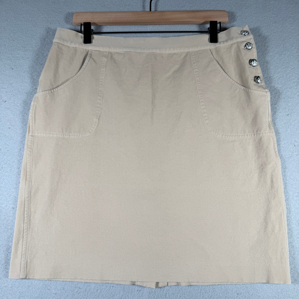 Lauren Ralph Lauren Tan Cotton Blend Straight Skirt Silver Crest Buttons Size 14